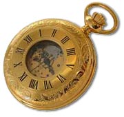 gold half hunter 
    skeleton watch