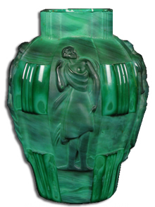 SCHLEGVOGT ART DECO VASE. c.1930 Art Deco Malachite glass vase, created in Czechoslovakia by Henrich Schlevogt. this Bohemian glass vase is part of the Ingrid line of molded glass produced by the Riedel Glass Co