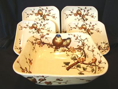 Rare George Jones & Sons 5-piece Serving Set. ALMOND Pattern Birds and trees c1880
